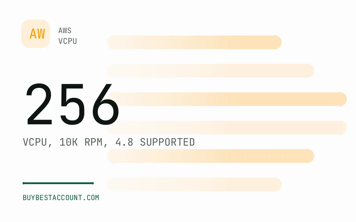 Specification panel showing 256 vCPU, 10K RPM, 4.8 supported for the AWS 10K RPM vCPU256 4.8 Supported Account